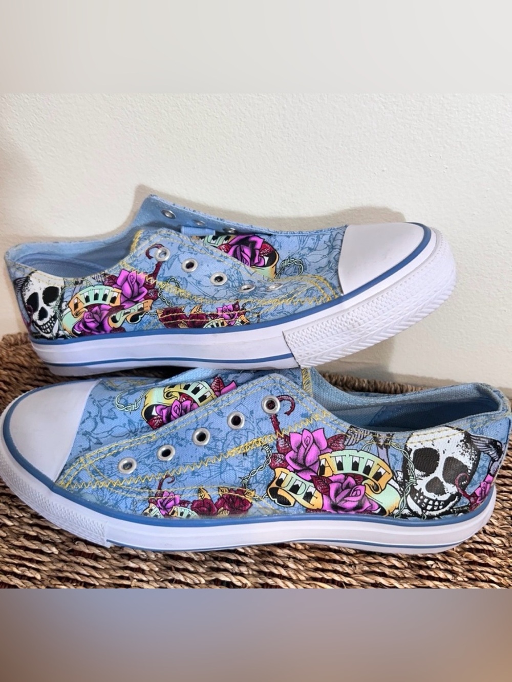 Airwalk Attitude Tattoo Skull Floral Blue Canvas Slip on Sneakers